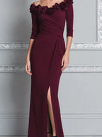 Burgundy Red Dress Fall Wedding Guest Dress Floral Off Shoulder Slit Maxi Dress