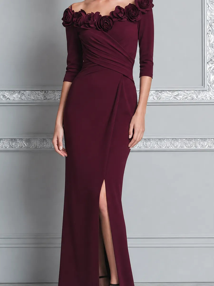 Burgundy Red Dress Fall Wedding Guest Dress Floral Off Shoulder Slit Maxi Dress