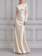 White Dress Satin Ruched Long Sleeve Maxi Dress