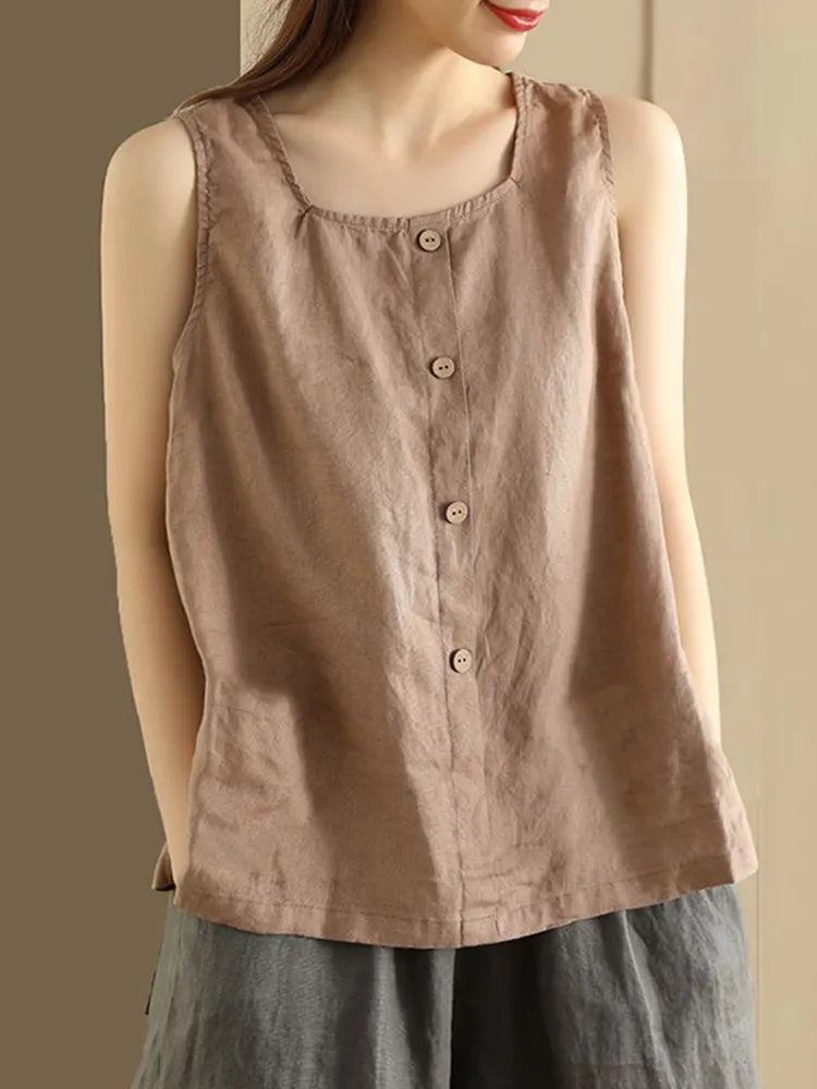 Vintage Button Down Cotton Linen Casual Tank Top