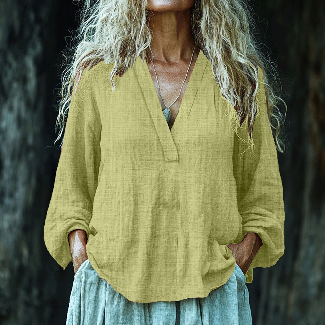 Vintage Elegant Art Linen V Neck Shirt