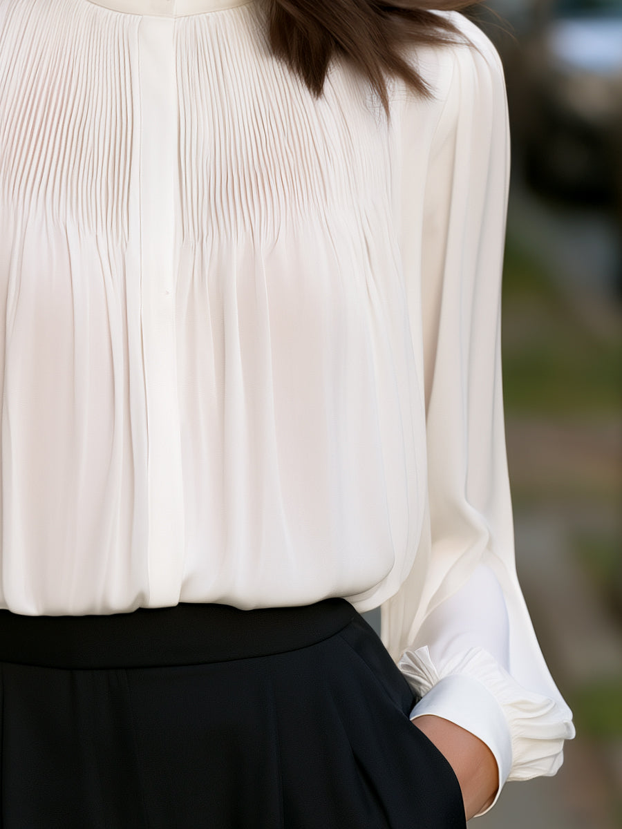 Pleated Mock Neck Long Sleeve Blouse