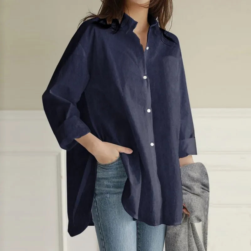 Vintage Lapel Plain Button Down Casual Shirt