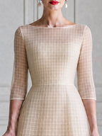 Boat-Neck Grid-Texture 3/4 Sleeve A-Line Midi Dress