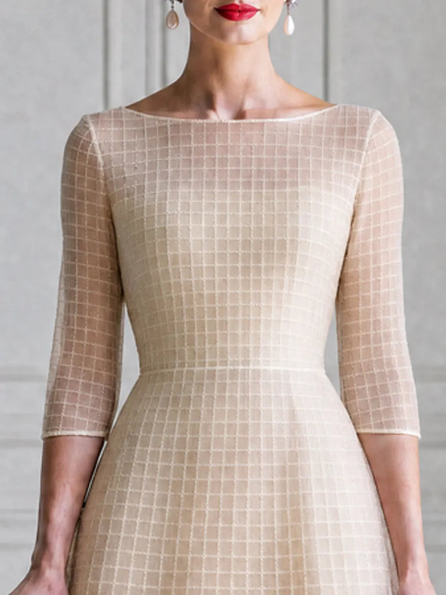 Boat-Neck Grid-Texture 3/4 Sleeve A-Line Midi Dress