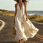 Linen Blend Halter Maxi Dress With Floral Embroidery And Button Front Detail
