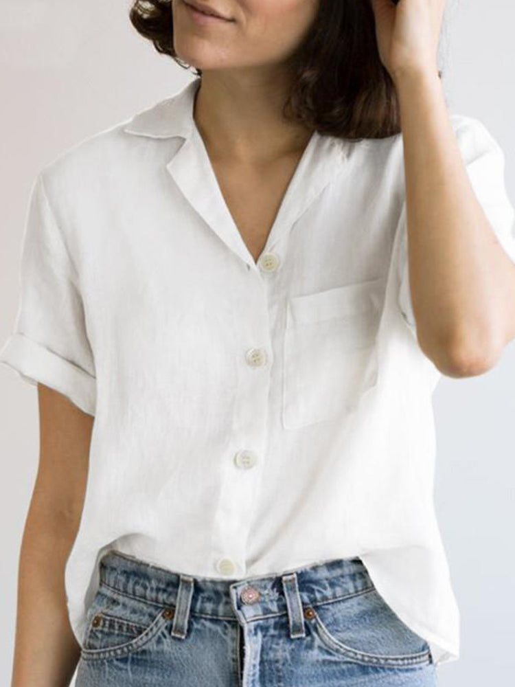 Solid Color Pocket Linen Blend Short Sleeve Shirt