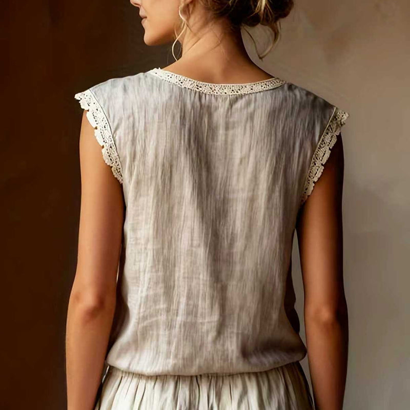 Retro Loose Solid Color Round Neck Lace Patchwork Sleeveless T-shirt