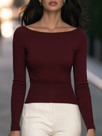 Boat-Neck Ribbed-Waist Long-Sleeve Knit Top