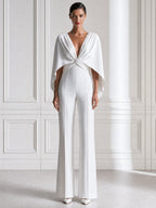 Draped Cape-Sleeve Deep V-Neck Wide Leg Jumpsuit