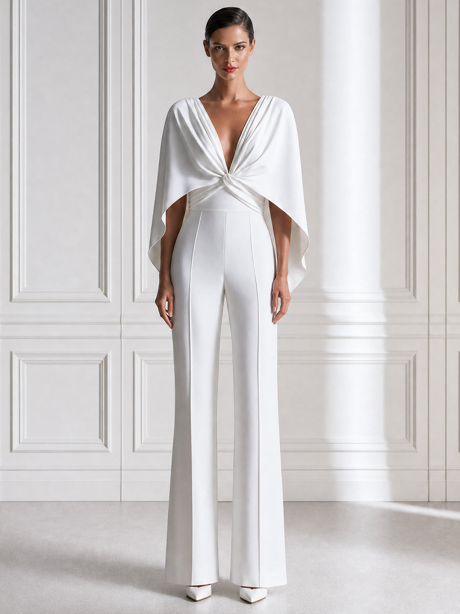 Draped Cape-Sleeve Deep V-Neck Wide Leg Jumpsuit