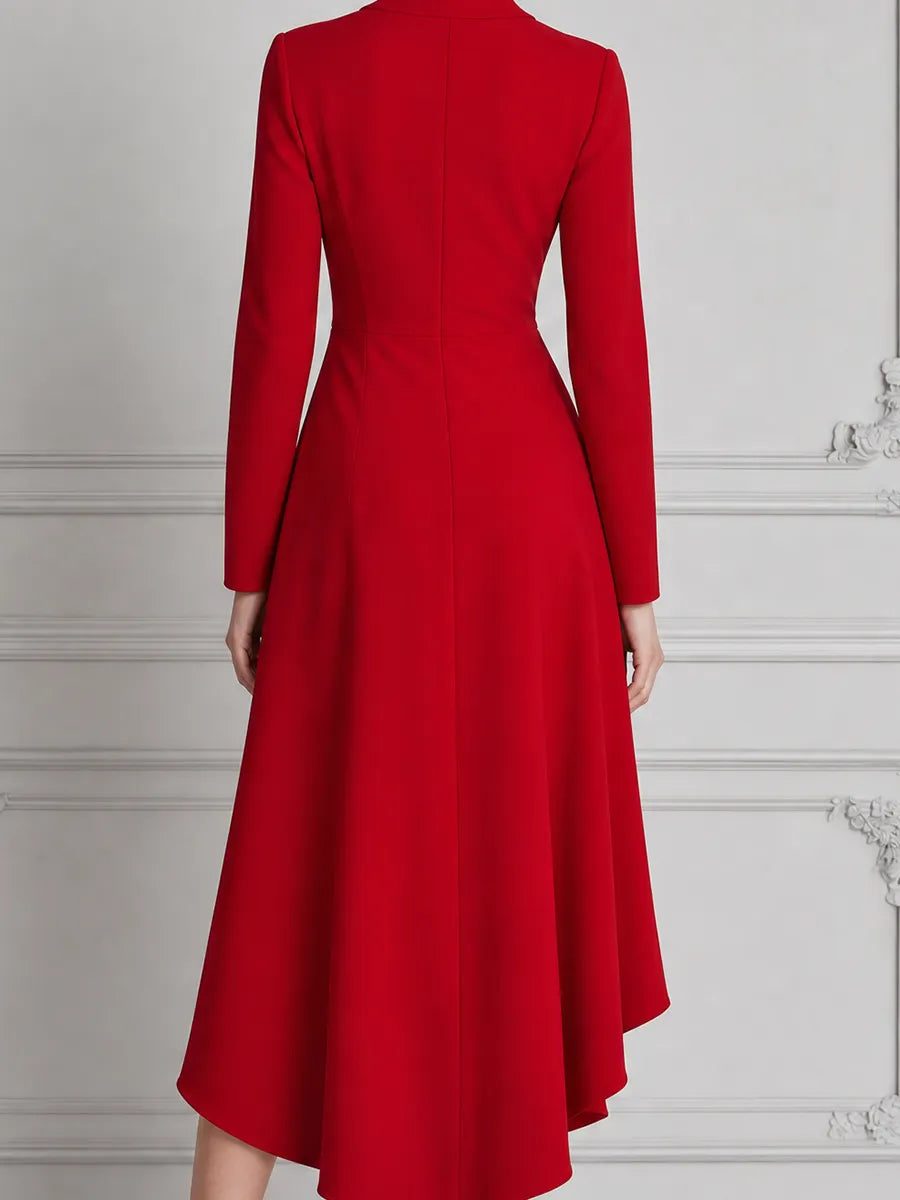 Red Dress Fall Wedding Guest Dress Draped Wrap High Low Midi Dress