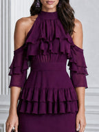 Elegant Cold Shoulder Ruffle Tiered Chiffon Midi Dress