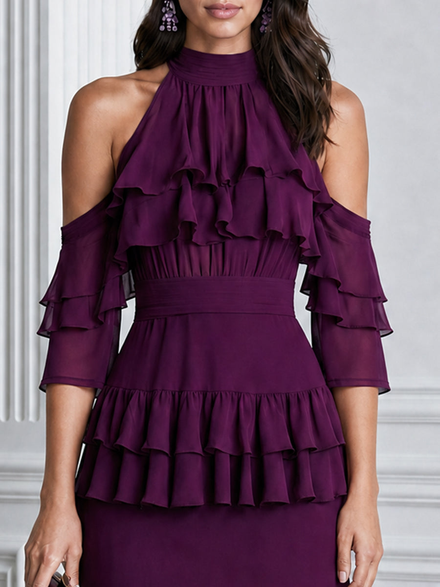 Elegant Cold Shoulder Ruffle Tiered Chiffon Midi Dress