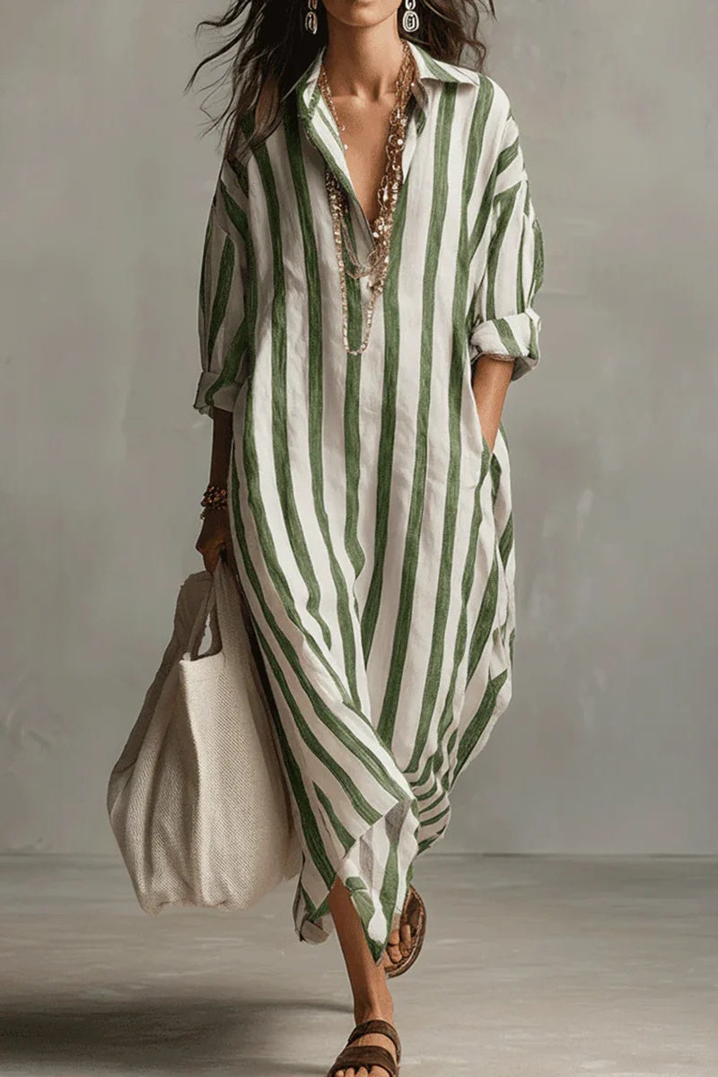 Casual Striped Shirt Bohemian Style Maxi Dress