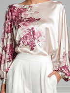 Ivory Floral Satin Lantern-Sleeve Shirt
