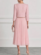 Pink Tweed Cropped Jacket & Pleated Midi Dress Set