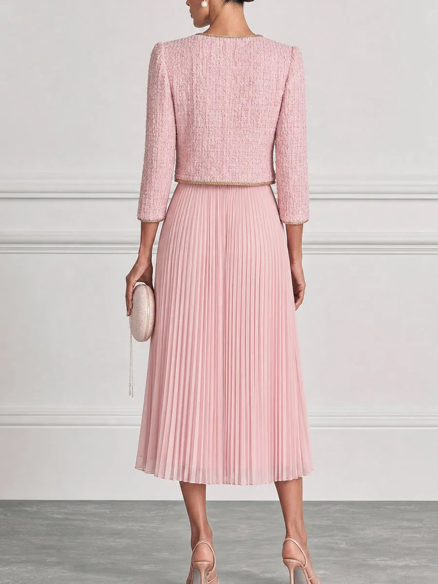 Pink Tweed Cropped Jacket & Pleated Midi Dress Set