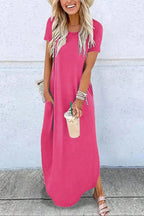 Women's Plain Pocket Round Neck Curved Hem Jersey Tee Dress Style