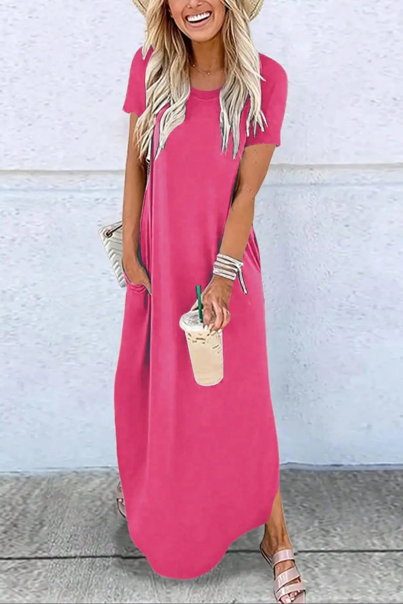 Women's Plain Pocket Round Neck Curved Hem Jersey Tee Dress Style