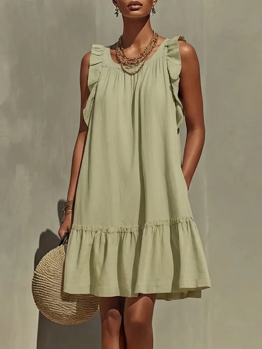 Sleeveless Ruffle Cotton-linen Dress