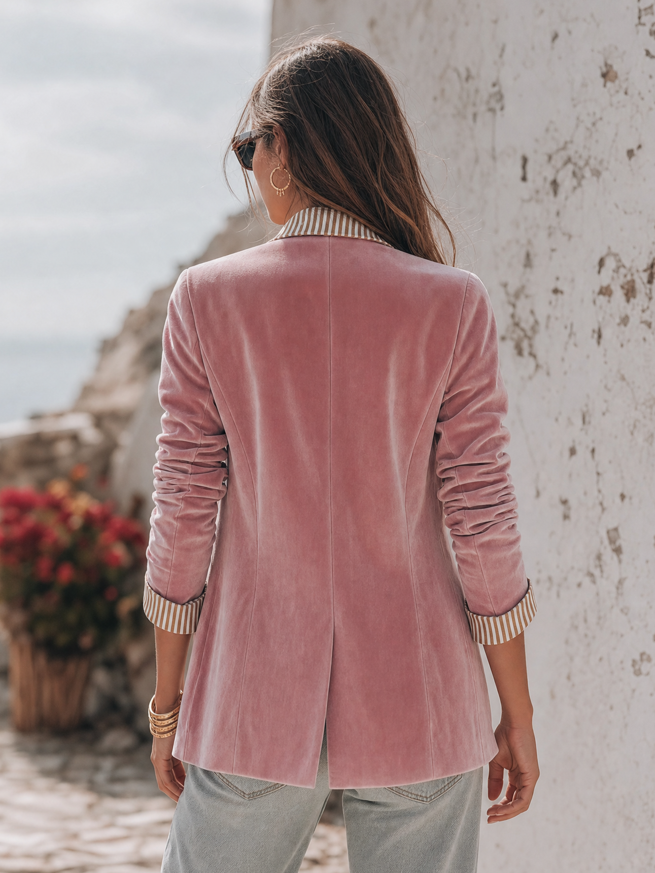 Elegant Relaxed Striped Lapel Velvet Blazer