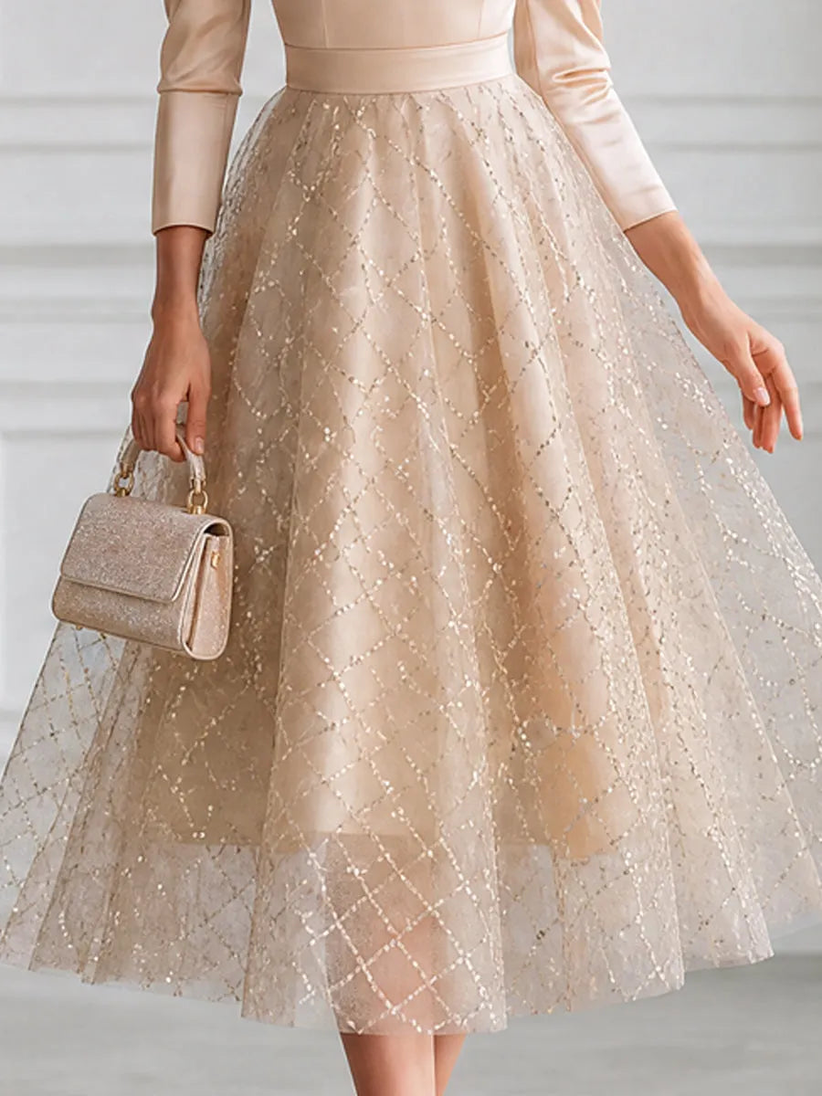 Elegant Bow-Neck Sequin Tulle A-Line Midi Dress