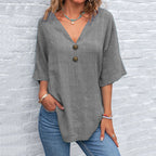 Women's Solid Color Button Linen V-neck T-shirt