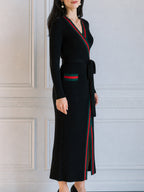 Wrap Front Striped Trim Ribbed Knit Long Sleeve Maxi Sweater Dress With Belt