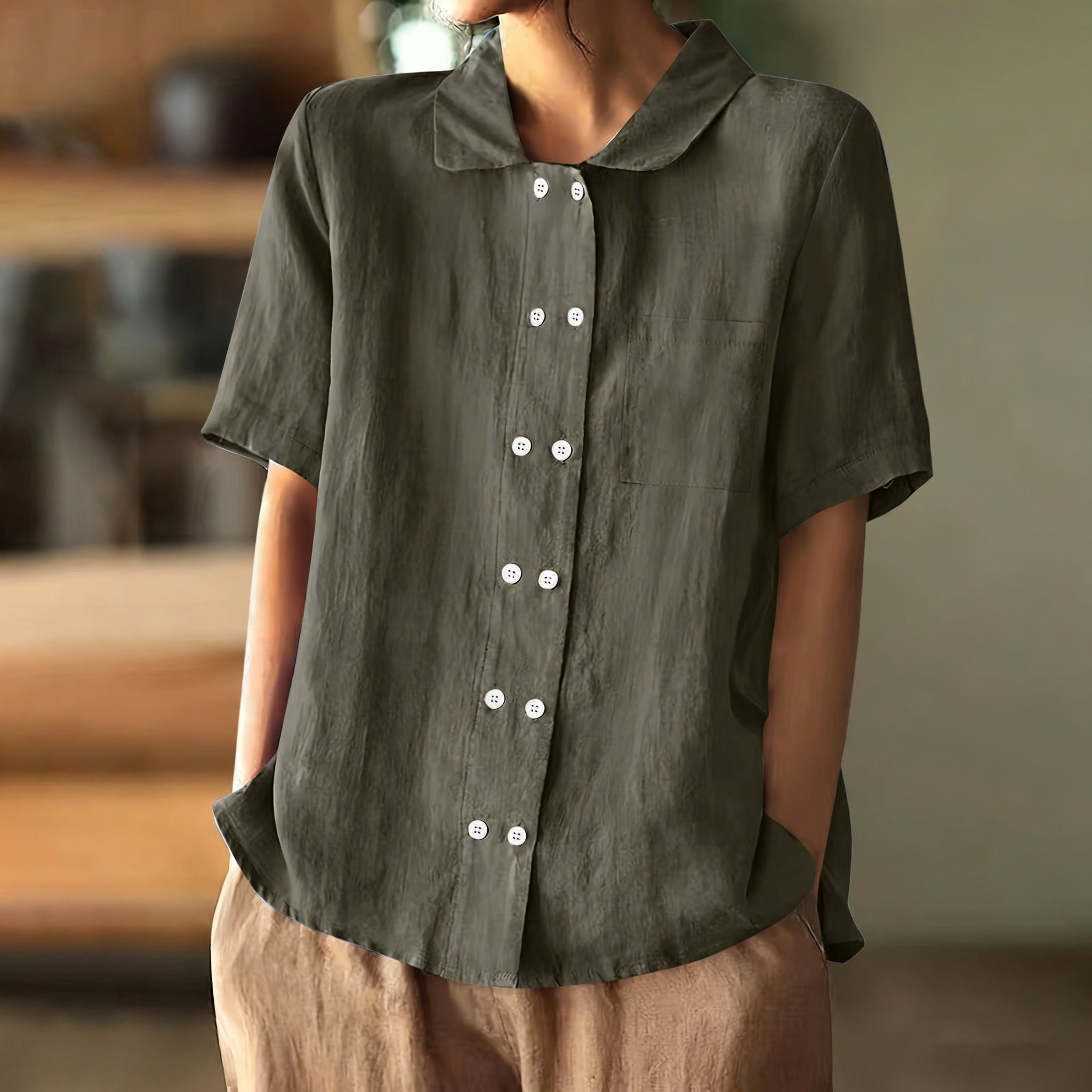 Women Loose Button Down Plain Cotton Linen Short Sleeve Blouse