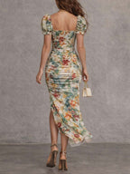 Floral Print Square Neckline Ruched Side Slit Bodycon Midi Dress