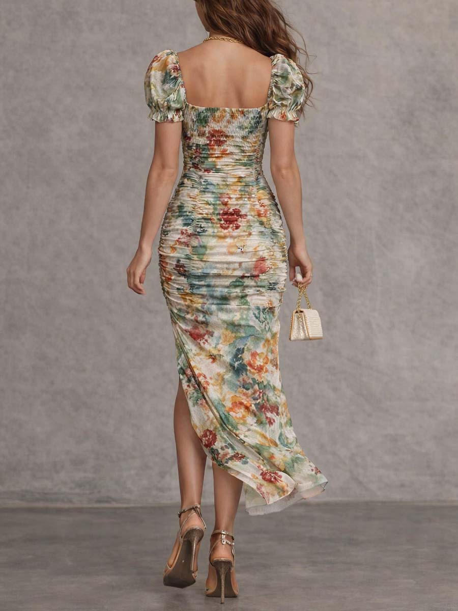Floral Print Square Neckline Ruched Side Slit Bodycon Midi Dress