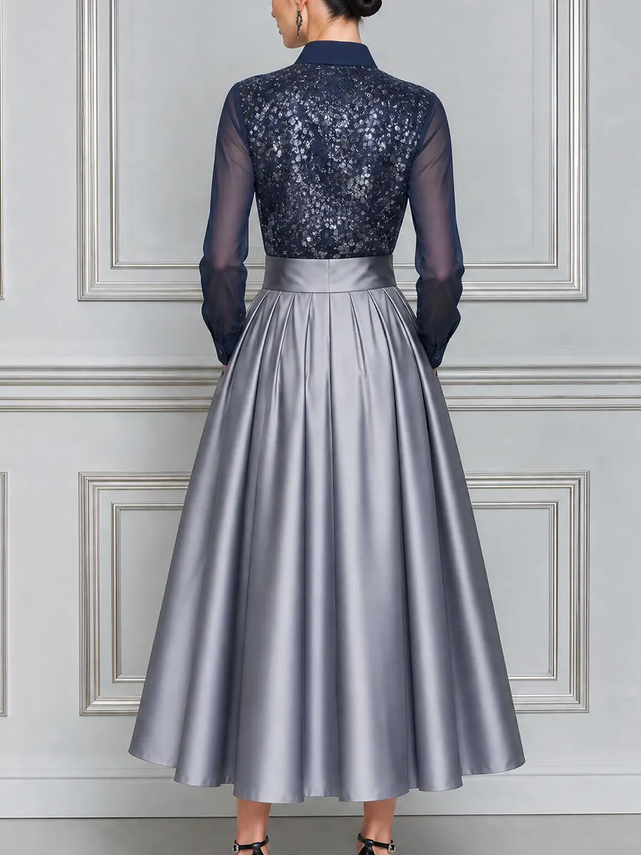 Navy Sequin Shirt And Silver Pleated Skirt Two-Piece Set