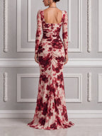 Red Dress Fall Wedding Guest Dress Floral Chiffon Sleeve Slit Maxi Dress