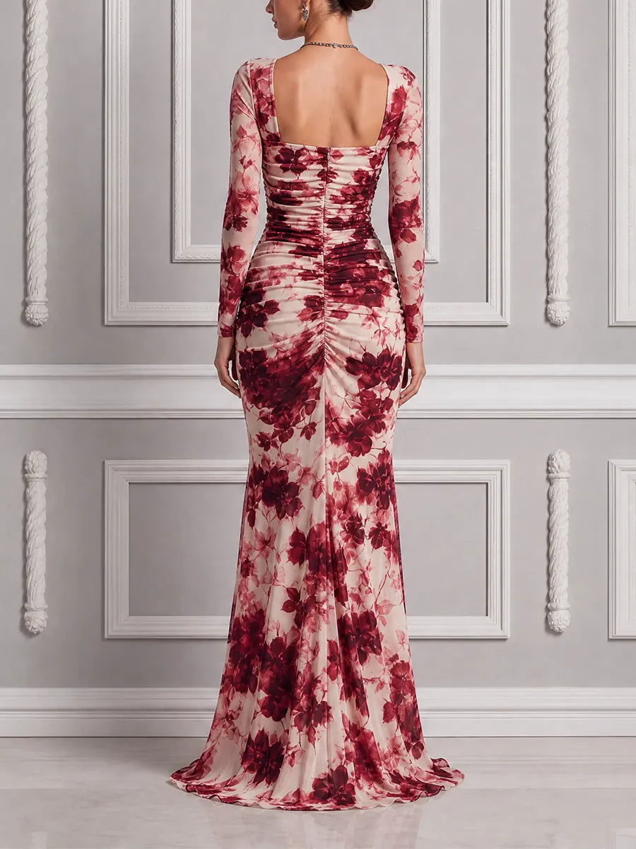 Red Dress Fall Wedding Guest Dress Floral Chiffon Sleeve Slit Maxi Dress