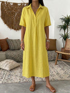 Casual Polo Collar Linen And Cotton Short-sleeved Dress