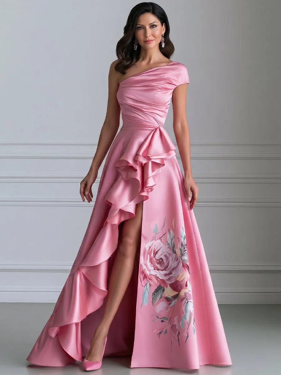 Floral Ruched One-Shoulder Ruffle Satin Evening Gown