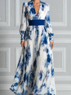 White Dress Fall Wedding Guest Dress Blue Floral Pleated Maxi Dress