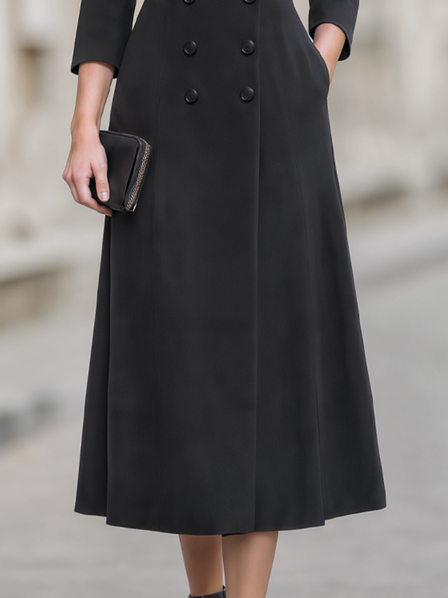 Double-Breasted Satin Lapel Trench Midi Dress