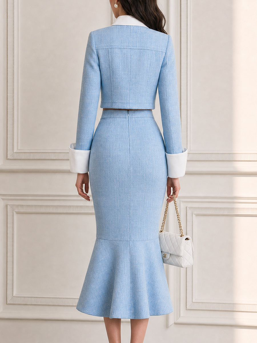 Tweed Contrast Collar Cropped Jacket & Fishtail Midi Skirt Two-Piece Set
