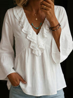 Women's Lace-trimmed V-neck Ruffled Sleeves Cotton Top