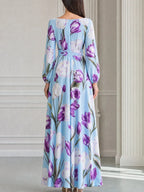 Light Blue Purple Tulip Print Boat Neck Slit Maxi Dress