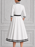 White Dress Contrast Trim Bow Belt A-Line Midi Dress