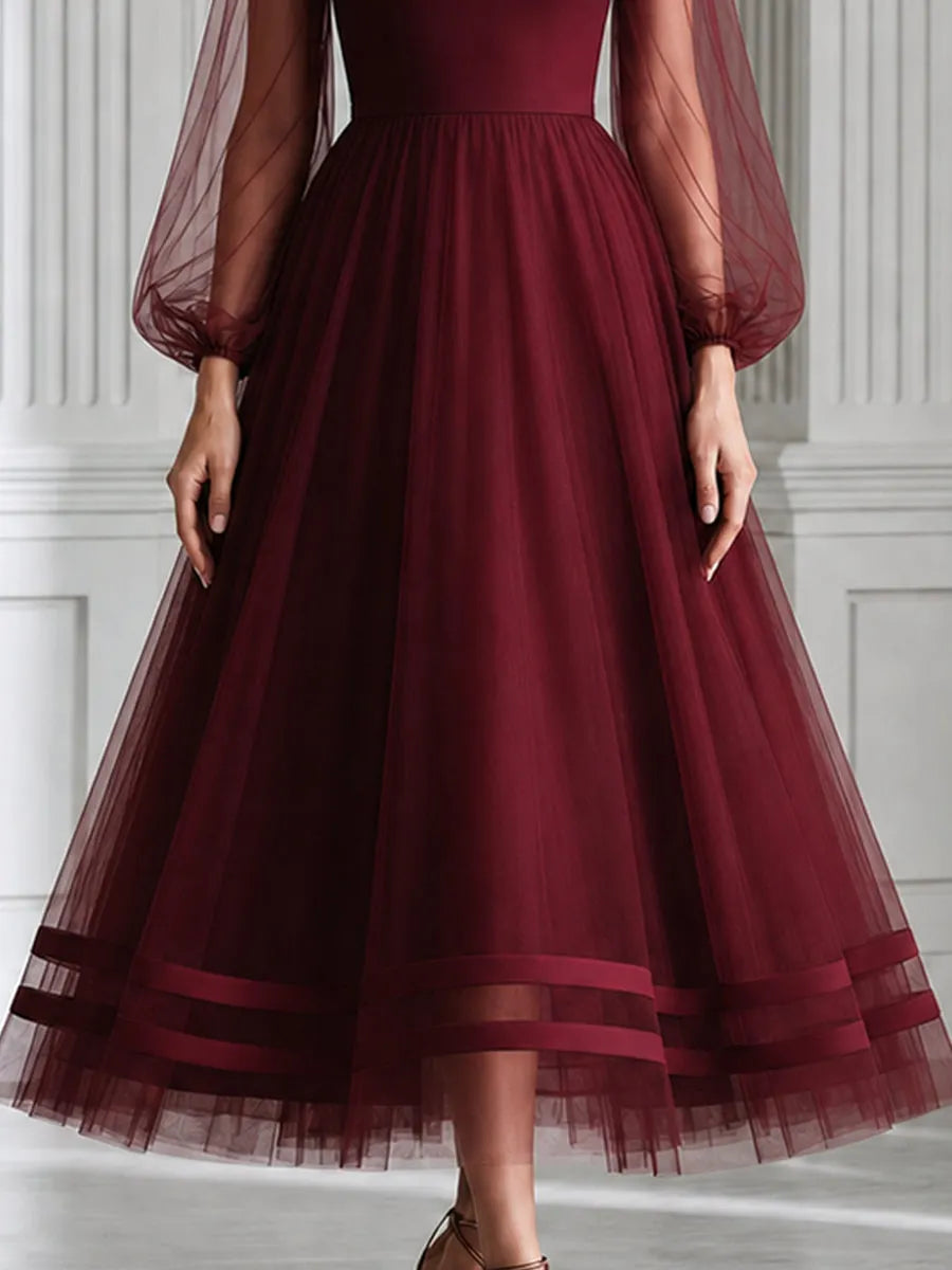 Elegant Illusion Neck Puff Sleeve Tulle A-Line Formal Dress