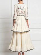 White Crew-Neck Floral Embroidered A-Line Maxi Dress With Tiered Ruffles