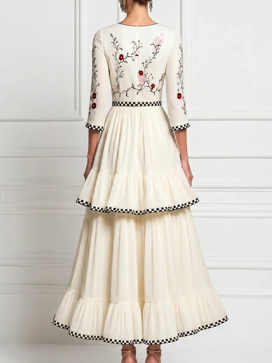 White Crew-Neck Floral Embroidered A-Line Maxi Dress With Tiered Ruffles