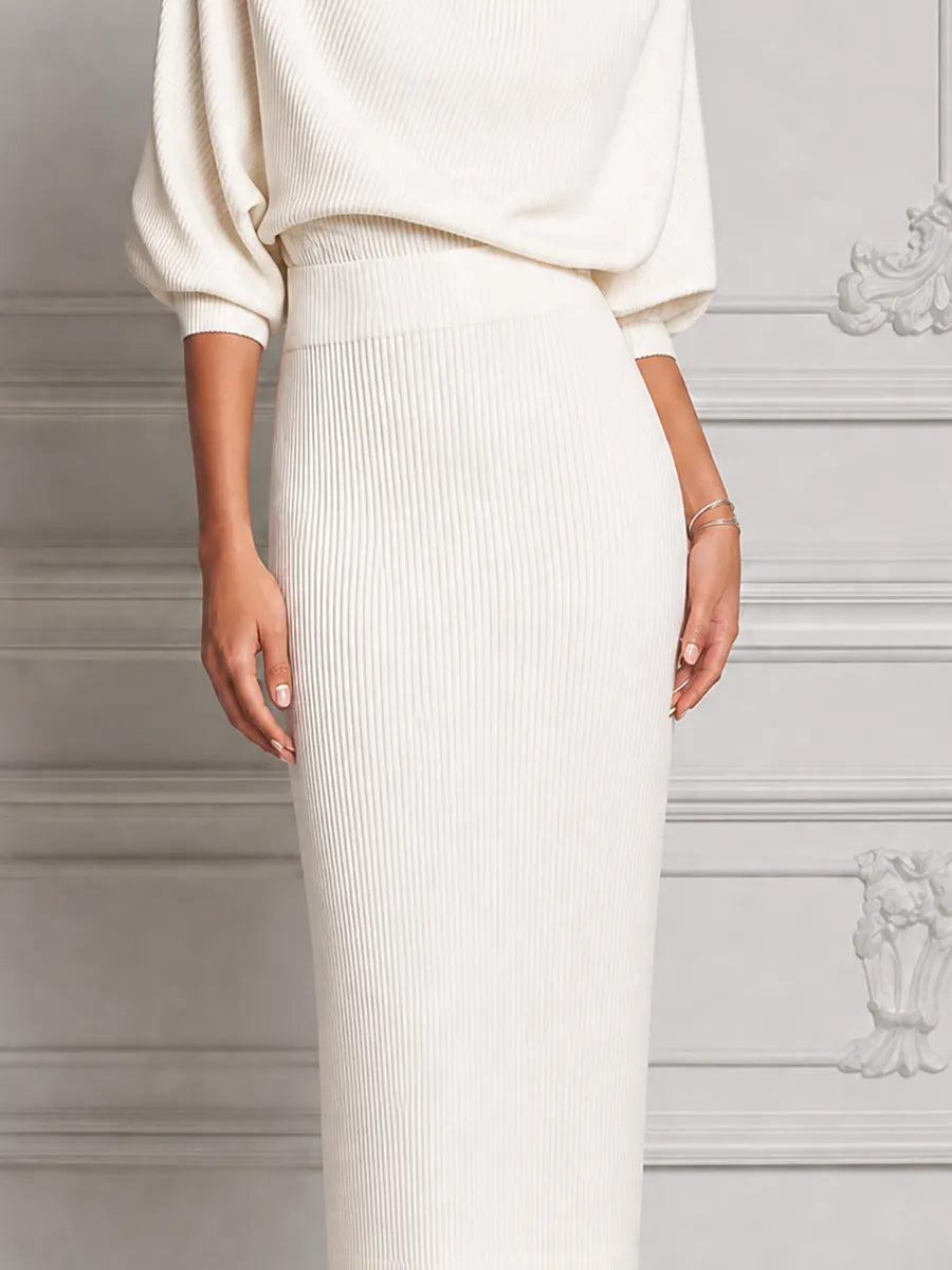 White Dress Stockholm Style Ribbed Knit Turtleneck Pencil Midi Dress