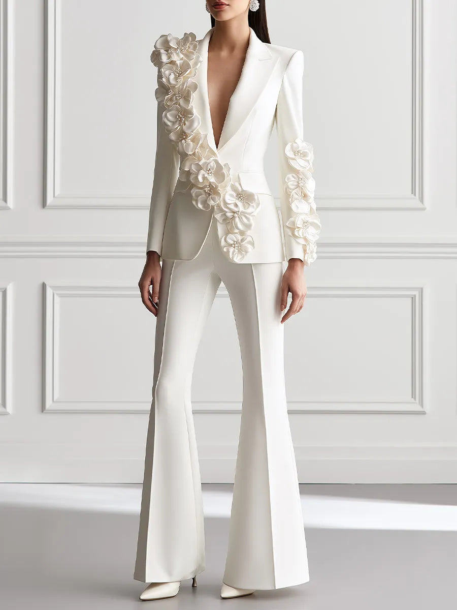 Floral Applique Deep V-Neck Blazer & Flared Trousers Suit Set