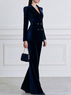 Navy Velvet Double-Breasted Blazer & Wide-Leg Pants Suit Set