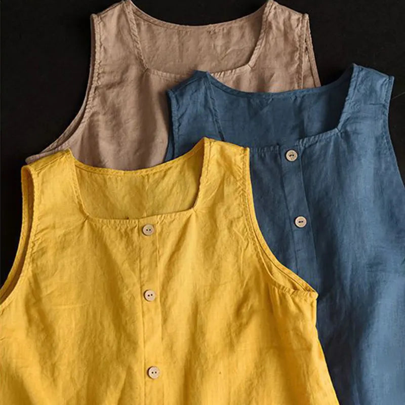 Vintage Button Down Cotton Linen Casual Tank Top